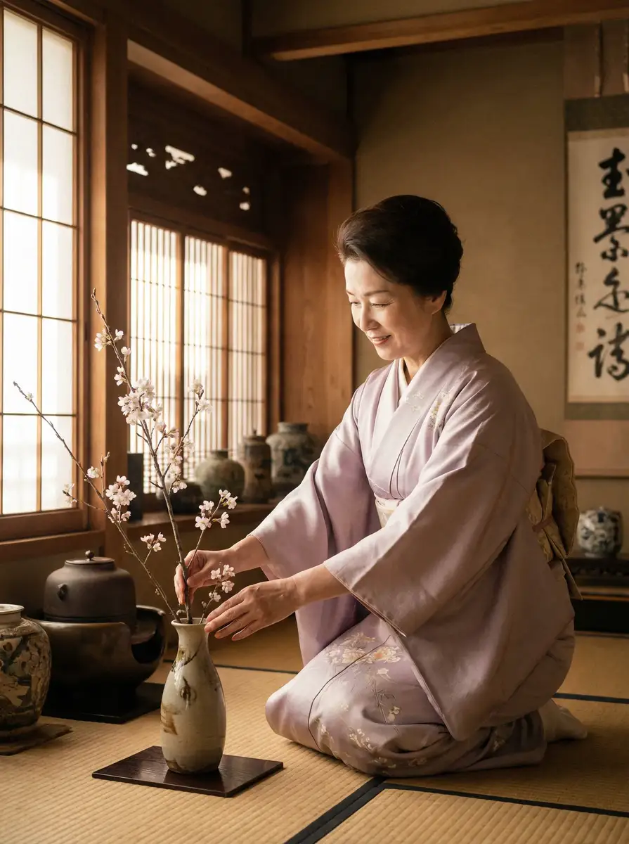一位优雅的 60彩娱乐平台 在和室中插花